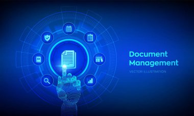 Bayan Dms. Belge Yönetim Veri Sistemi. Şirket veri yönetim sistemi. Gizlilik veri koruması. Business Internet Teknoloji Konsepti. Robot el dijital arayüze dokunuyor. Vektör illüstrasyonu.