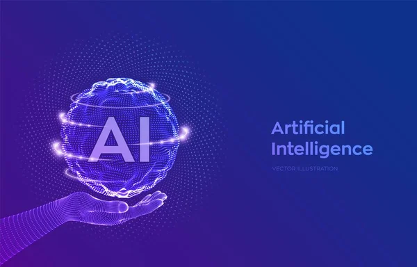 AI. Artificial Intelligence Logo in hand. Artificial Intelligence and Machine Learning Concept. Sphere grid wave with binary code. Big data innovation technology. Neural networks. Vector illustration. — Stock Vector