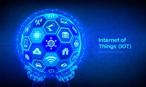 Iot. Internet der Dinge Konzept. alles Konnektivität Gerätekonzept Netzwerk und Geschäft mit dem Internet. abstrakte 3D-Kugel oder Globus mit sechseckiger Oberfläche in Drahtgestell-Händen. Vektorillustration — Stockvektor