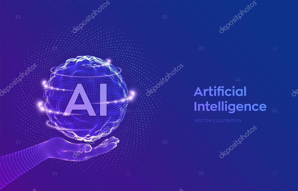 AI. Artificial Intelligence Logo in hand. Artificial Intelligence and Machine Learning Concept. Sphere grid wave with binary code. Big data innovation technology. Neural networks. Vector illustration