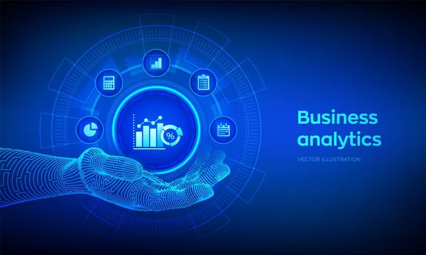 Icono de análisis de datos empresariales en mano robótica. Concepto de automatización de procesos robóticos en pantalla virtual. Beneficio e ingresos de la empresa, BI o KPI concepto. Ilustración vectorial . — Archivo Imágenes Vectoriales