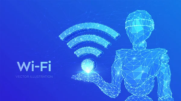 Wi-Fi. Signe Wi Fi abstrait bas poly. Accès WLAN, symbole de signal hotspot sans fil. Zone de connexion mobile. Transfert de données. Robot polygonal bas 3d abstrait tenant l'icône WiFi. Illustration vectorielle . — Image vectorielle