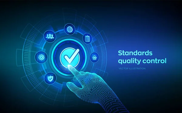 Norme ISO garanzia di controllo qualità concetto di tecnologia aziendale di garanzia. Concetto di servizio dell'industria di certificazione di standardizzazione ISO. Mano robotica che tocca l'interfaccia digitale. Illustrazione vettoriale. — Vettoriale Stock