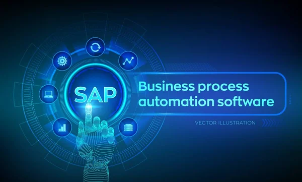 Software de automatización de procesos de SAP Business. Concepto de sistema de planificación de recursos empresariales ERP en pantalla virtual. Mano robótica tocando interfaz digital. AI. Inteligencia artificial. Ilustración vectorial . — Vector de stock