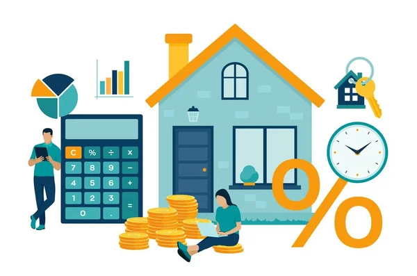 Hypotheek concept. Huislening of geld investeren in onroerend goed. Investeringen in onroerend goed. Familie koopt een huis. De man berekent het hypotheektarief. Vector illustratie met karakters. — Stockvector