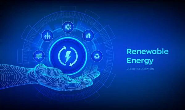 ロボットハンドの再生可能エネルギーアイコン。仮想画面上の再生可能で持続可能な開発技術の概念のためのエネルギー源。ベクターイラスト. — ストックベクタ