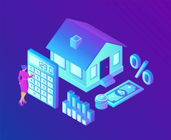 Mortgage concept. House loan or money investment to real estate. Property money investment contract. Buying Home. Woman calculates home mortgage rate. Isometric vector illustration with characters. — 스톡 벡터