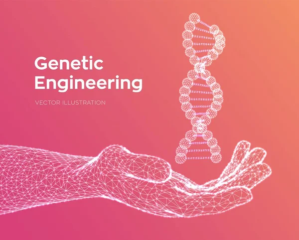 손에 DNA 서열. 와이어 프레임 DNA 분자 구조 메쉬. DNA 코드 편집 가능한 템플릿입니다. 과학 기술 개념. 벡터 일러스트레이션. — 스톡 벡터