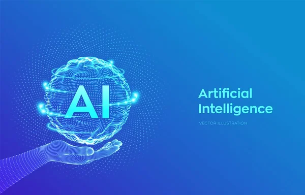 Ai. Artificiell intelligens logo typ i handen. Artificiell intelligens och Maskininlärnings koncept. Sphere Grid Wave med binär kod. Big data-innovationsteknik. Neurala nätverk. Vektor illustration. — Stock vektor