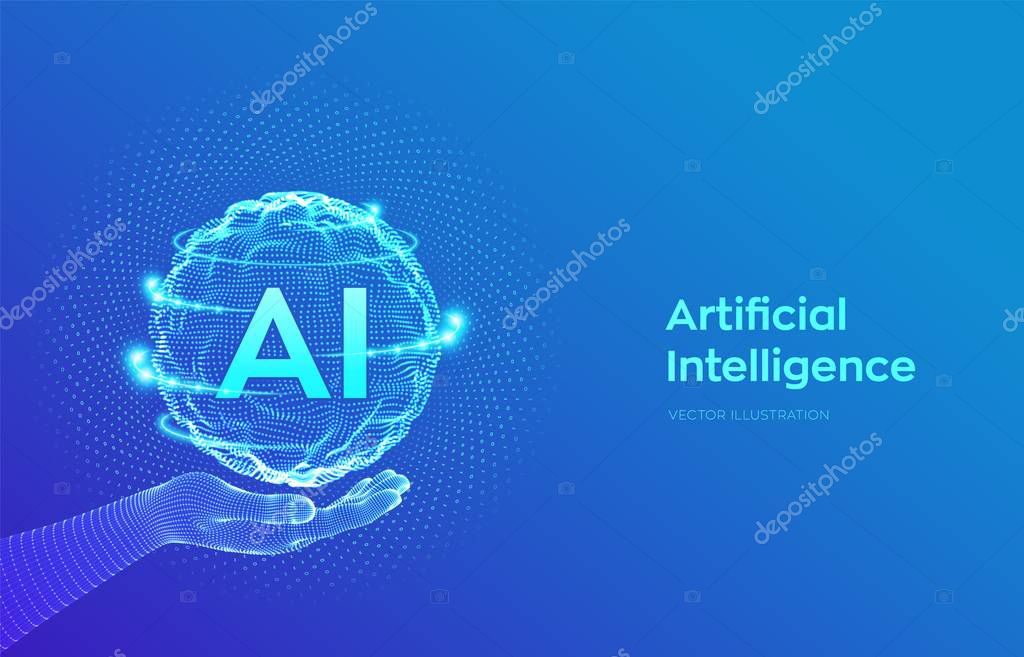 AI. Artificial Intelligence Logo in hand. Artificial Intelligence and Machine Learning Concept. Sphere grid wave with binary code. Big data innovation technology. Neural networks. Vector illustration