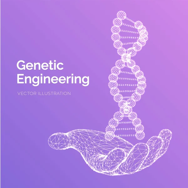 DNA sequentie in de hand. Wireframe DNA moleculen structuur mesh. Bewerkbare template over DNA-code. Wetenschaps-en technologie concept. Vector illustratie. — Stockvector