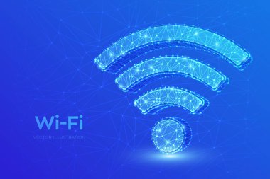 Wi-Fi ağ simgesi. Düşük poli soyut Wi Fi işareti. Wlan erişimi, kablosuz hotspot sinyal sembolü. Mobil bağlantı bölgesi. Veri aktarımı. Yönlendirici veya mobil iletim. 3d çokgen vektör illüstrasyon.