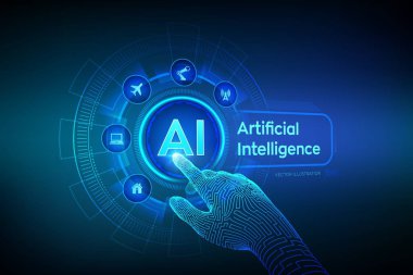 Aı. Yapay zeka. Makine öğrenimi, büyük veri analizi ve otomasyon teknolojisi iş ve endüstriyel üretim konsepti. El dokunaklı dijital arayüz. Vektör çizimi.