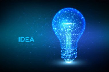 Bir fikrim var. Düşük poligonal lamba. Noktaları birleştiren düşük polimerli ampul tasarımı. Geometri üçgenli bir fikir. Soyut lamba püre hattı. İnternet teknolojisi ikon ağı konsepti. Vektör illüstrasyonu.