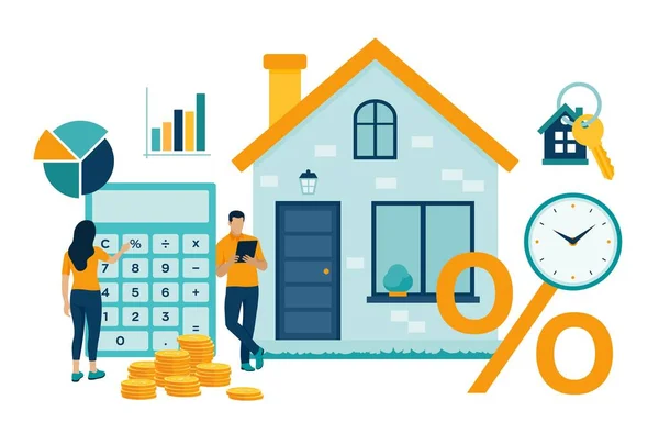 Mortgage concept. House loan or money investment to real estate. Property money investment contract. Buying Home. Man and woman calculates home mortgage rate. Vector illustration with characters. — 스톡 벡터