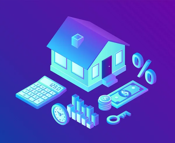 Mortgage concept. House loan or money investment to real estate. Property money investment contract. Buying Home. Calculation home mortgage rate. 3D isometric vector illustration. — 스톡 벡터