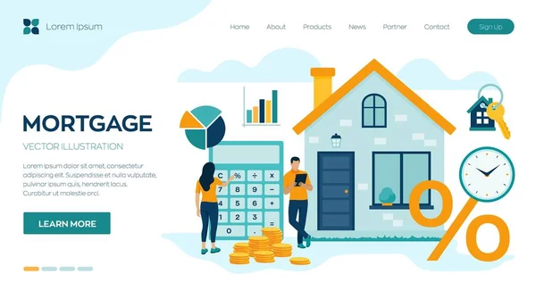 Mortgage concept. House loan or money investment to real estate. Property money investment contract. Buying Home. Man and woman calculates home mortgage rate. Vector illustration with characters. — 스톡 벡터