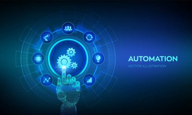 Otomasyon Yazılımı. Teknoloji ve iş süreçlerinde verimliliği artıran bir yenilik olarak çok sayıda ve otomasyon kavramı. Robot el dijital arayüze dokunuyor. Vektör illüstrasyonu.
