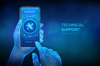 Technical support. Customer help. Tech support. Customer service, Business and technology concept. Closeup smartphone in wireframe hands. Vector illustration.