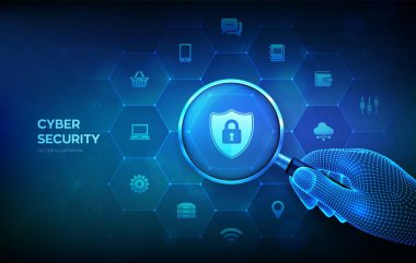 Cyber security. Information or network security concept with magnifier in wireframe hand and icons. Magnifying glass and data protection infographic. Future cyber technology. Vector illustration.