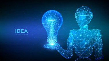 Bir fikrim var. Noktaları birleştiren düşük polimerli ampul tasarımı. Geometri üçgenli bir fikir. Soyut 3D düşük çokgen ezmeli robot lambayı tutuyor. Vektör illüstrasyonu.