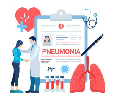Medical diagnosis - Pneumonia. Lungs infection. Medical concept of bacterial pneumonia. Lung disease diagnosis. Coronavirus symptoms. Doctor taking care of patient. Vector illustration. clipart