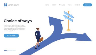 Choice process. Direction choose options, solution, decision. A businesswoman with a briefcase in hand is walking along the road to a crossroads. Business concept. Isometric vector illustration. clipart
