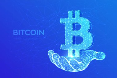 Bitcoin. Düşük poli soyut kafes çizgisi ve elinde Bitcoin işareti. Kripto para, sanal elektronik, internet parası. Ödeme sembolü. Kripto para birimi kavramı. 3d çokgen vektör illüstrasyon.