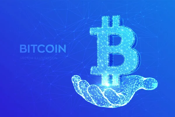 Bitcoin. Összefoglaló poli absztrakt háló vonal és pont Bitcoin jel a kezében. Crypto valuta, virtuális elektronikus, internetes pénz. A kifizetés szimbóluma. Cryptocurrency koncepció. 3D-s sokszögű vektoros illusztráció. — Stock Vector