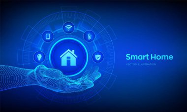 Robotik elde akıllı ev ikonu. Otomasyon kontrol sistemi konsepti. Sanal ekrandaki akıllı ev otomasyon asistanının gelecekteki arayüzü. Vektör illüstrasyonu.