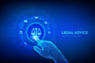Çalışma hukuku, avukat, hukuk avukatı, sanal ekranda hukuki danışmanlık kavramı. İnternet hukuku ve siber hukuk dijital yasal hizmetler ya da online avukat tavsiyesi olarak. Robot el dijital arayüze dokunuyor. Vektör
