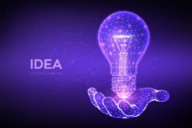 Idea. Low polygonal Lamp in hand. Lightbulb low poly design with connecting dots. Idea with geometry triangle. Abstract lamp bulb. Internet technology icon network concept. Vector illustration.