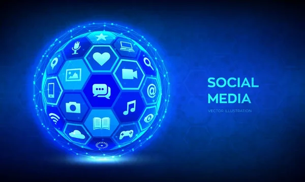 Conceito de conexão global de mídia social. Redes sociais e blogs. Esfera 3D abstrata ou globo com superfície de hexágonos com uma mídia social diferente e ícones de computador. Ilustração vetorial . — Vetor de Stock