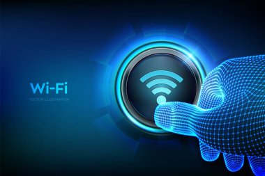 Wi-Fi düğmesi. Kablosuz ağ bağlantısı kavramı. Yakın plan bir düğmeye basmak üzere. Ücretsiz kablosuz bağlantı arayüzü kullanılıyor. Wi-fi bölgesi. Sadece düğmeye bas. Vektör illüstrasyonu.