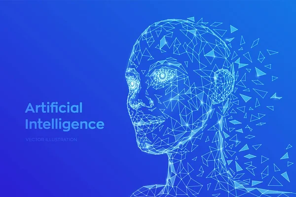 AI. Artificial intelligence concept. Low poly abstract digital human face. Human head in robot digital computer interpretation. Robotics concept. 3D polygonal head concept. Vector illustration. — Stock Vector