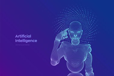 Soyut kablo kadın cyborg ya da robot onun yapay zekasını kullanarak parmağını kafasının yakınında tutar ve düşünür ya da hesaplar. Ai ve Machine teknoloji öğrenme konsepti. Vektör illüstrasyonu.