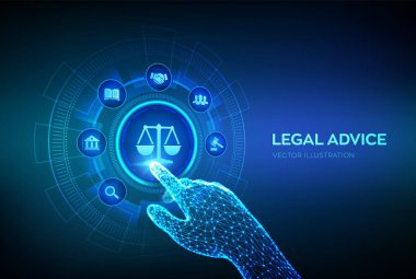 Çalışma hukuku, avukat, hukuk avukatı, sanal ekranda hukuki danışmanlık kavramı. İnternet hukuku ve siber hukuk dijital yasal hizmetler ya da online avukat tavsiyesi olarak. Robot el dijital arayüze dokunuyor. Vektör