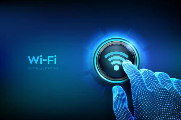 Wi-Fi düğmesi. Kablosuz ağ bağlantısı kavramı. Yakın plan bir düğmeye basmak üzere. Ücretsiz kablosuz bağlantı arayüzü kullanılıyor. Wi-fi bölgesi. Sadece düğmeye bas. Vektör illüstrasyonu. — Stok Vektör