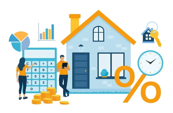 Mortgage concept. House loan or money investment to real estate. Property money investment contract. Buying Home. Man and woman calculates home mortgage rate. Vector illustration with characters. — 스톡 벡터