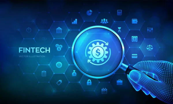 Fintech. Magnifying glass and financial technology infographic. Fintech concept with magnifier in wireframe hand and icons. Business investment banking payment technology concept. Vector illustration.
