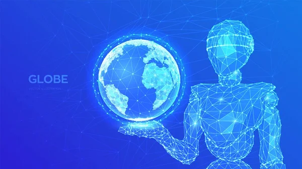 Erdglobus-Illustration. abstrakte 3D niedrig polygonale Roboter, die Planeten halten. globale Netzwerkverbindung. blauer futuristischer Hintergrund mit Planet Erde. Internet und Technologie. Vektorillustration. — Stockvektor