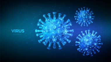 Coronavirus 2019-ncov romanı Coronavirus düşük polyester soyut kavramı. Virüs hücrelerinin mikroskobik görüntüsü yaklaşıyor. Tehlikeli Asya Ncov Corona virüsü, Sars salgını riski. 3d çokgen vektör çizimi.