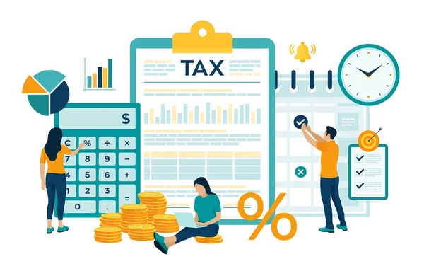 Concept tax payment. Data analysis, paperwork, financial research report and calculation of tax return. Payment of debt. Government, state taxes. Vector illustration in flat style with characters. — Stock Vector