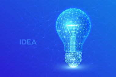 Bir fikrim var. Düşük poligonal lamba. Noktaları birleştiren düşük polimerli ampul tasarımı. Geometri üçgenli bir fikir. Soyut lamba püre hattı. İnternet teknolojisi ikon ağı konsepti. Vektör illüstrasyonu.