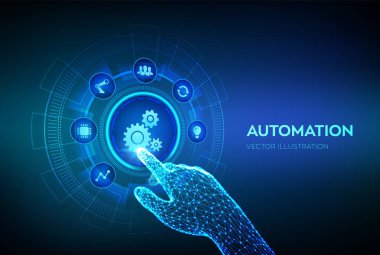 Otomasyon Yazılımı. Teknoloji ve iş süreçlerinde verimliliği artıran bir yenilik olarak çok sayıda ve otomasyon kavramı. Robot el dijital arayüze dokunuyor. Vektör illüstrasyonu