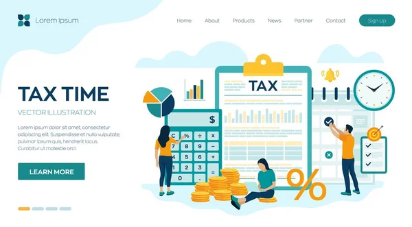 概念税の支払い データ分析 書類作成 財務調査報告書および納税申告の計算 借金の返済 州税だ キャラクターとフラットスタイルのベクトルイラスト — ストックベクタ