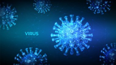 Coronavirus 2019-ncov romanı Coronavirus düşük polyester soyut kavramı. Virüs hücrelerinin mikroskobik görüntüsü yaklaşıyor. Tehlikeli Asya Ncov Corona virüsü, Sars salgını riski. 3d çokgen vektör çizimi