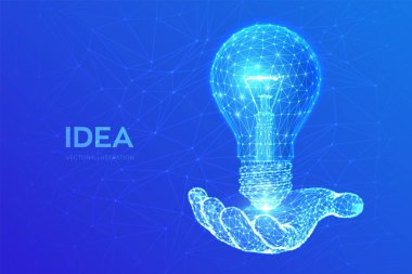 Idea. Low polygonal Lamp in hand. Lightbulb low poly design with connecting dots. Idea with geometry triangle. Abstract lamp bulb. Internet technology icon network concept. Vector illustration.