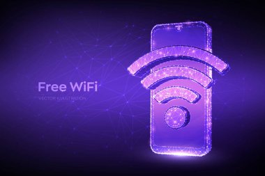 Bedava eş kavramı. Kablosuz kablosuz ağ işaretli soyut düşük çokgen akıllı telefon. Acil durum sinyali sembolü. Mobil bağlantı bölgesi. Veri transferi. Kamu değerlendirme bölgesi kablosuz bağlantı kavramı. Vektör illüstrasyonu