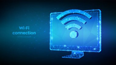 Kablosuz bağlantı bedava eş kavramı. Kablosuz ağ işaretli soyut düşük çokgen bilgisayar monitörü. Acil durum sinyali sembolü. Mobil bağlantı bölgesi. Veri transferi. Kamu değerlendirme bölgesi. Vektör illüstrasyonu